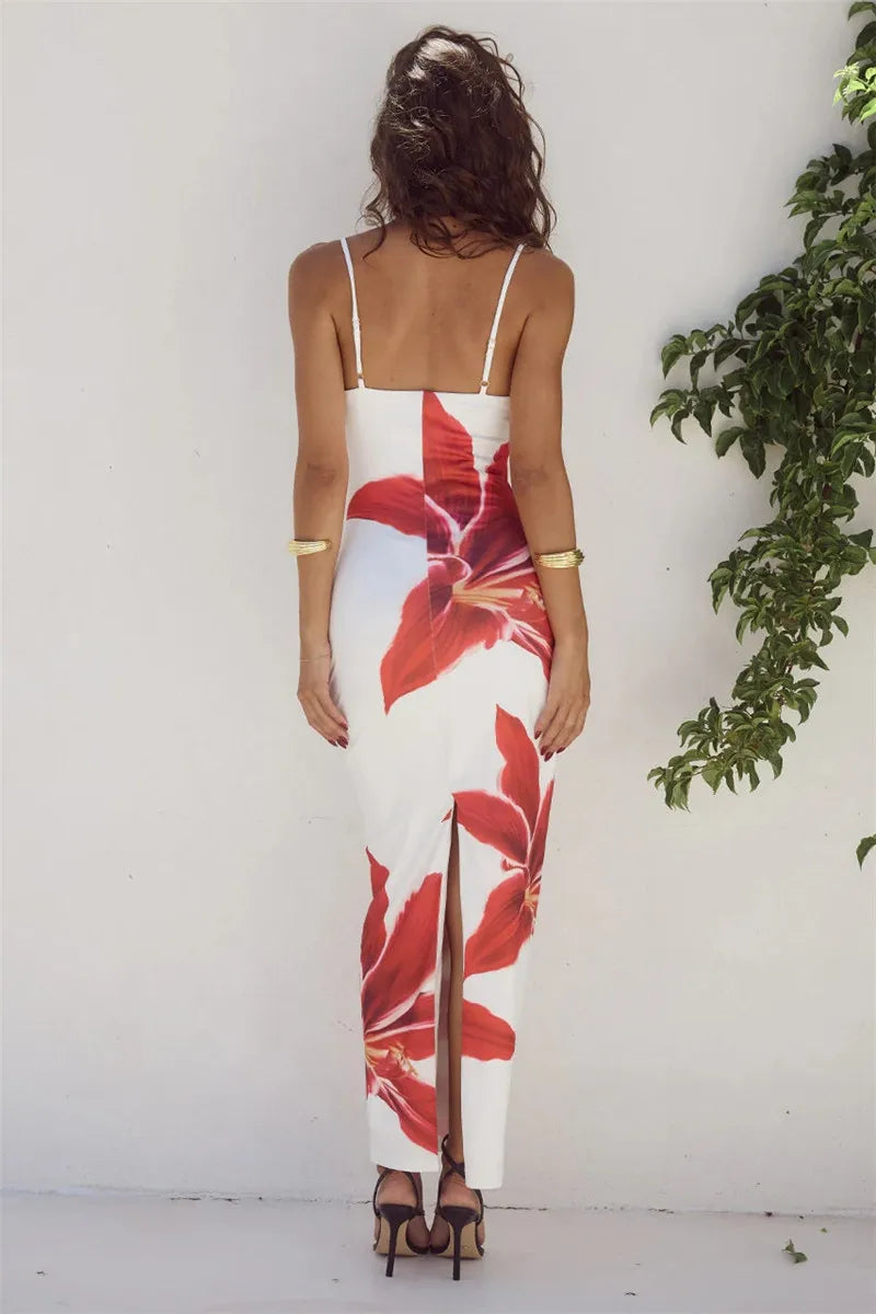 Floreal Long Dress Gown Spaghetti Strap Sleeveless Backless Bodycon Midi Dress