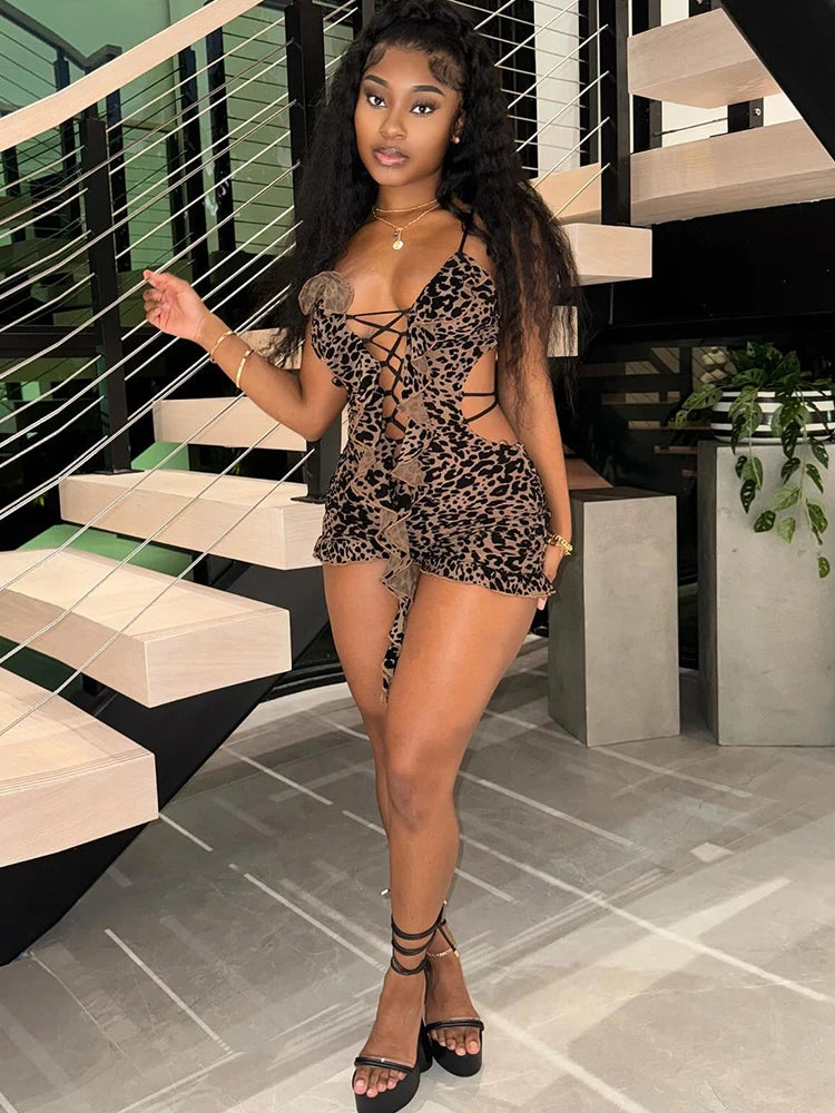 Romper Flocking Leopard Print Backless v-Neck Tassel Coquette Thin Workout Playsuits