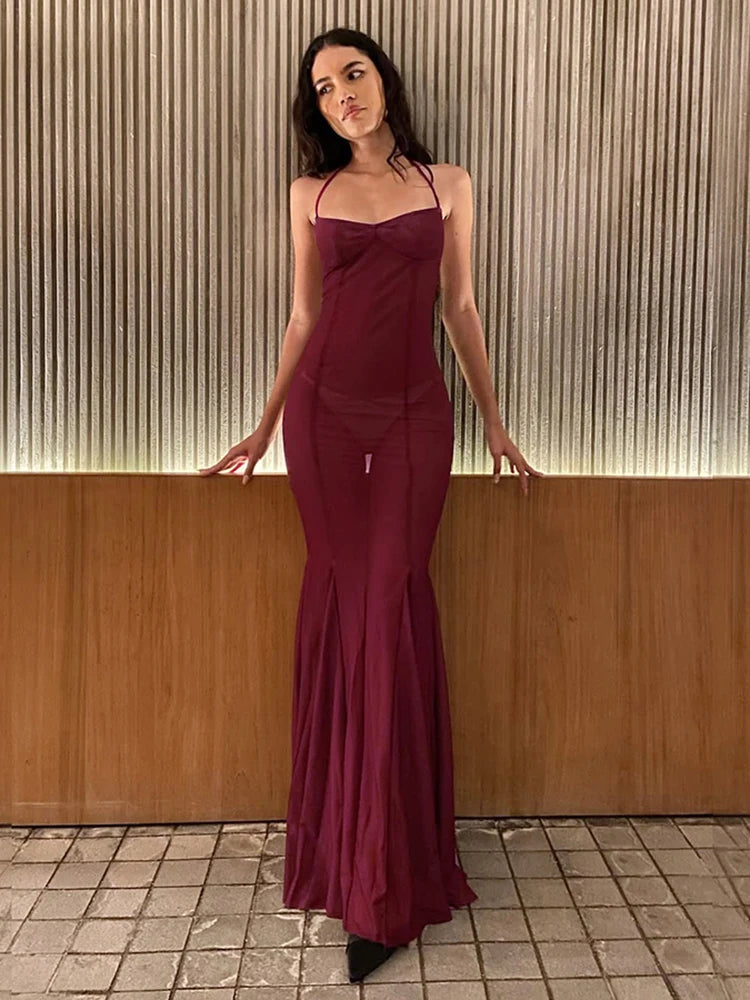 Meh Maxi Dress Claic See Through Halter Lace Up Backless Sheath Long Banquet