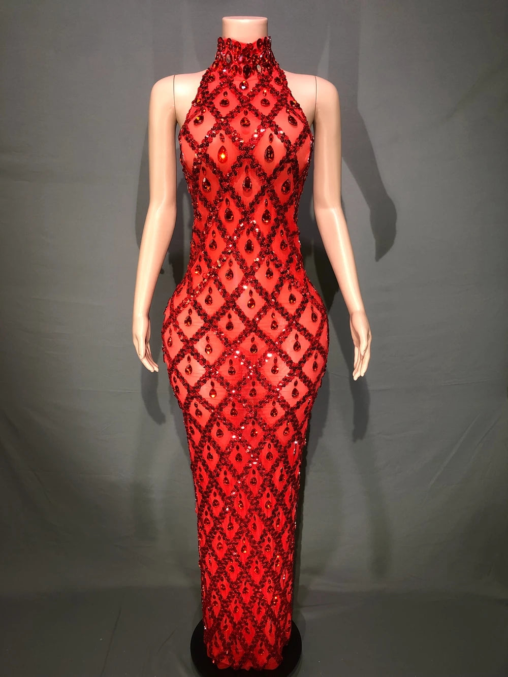 Sparkly Sequins Crystals Long Dress Prom Birthday Dress Transparent Performance Costume Show Stage Wear