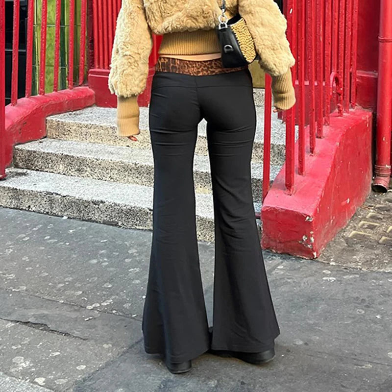 Leopard Print Patchwork Flare Pants Low Waisted 's Bottoms Retro Trousers