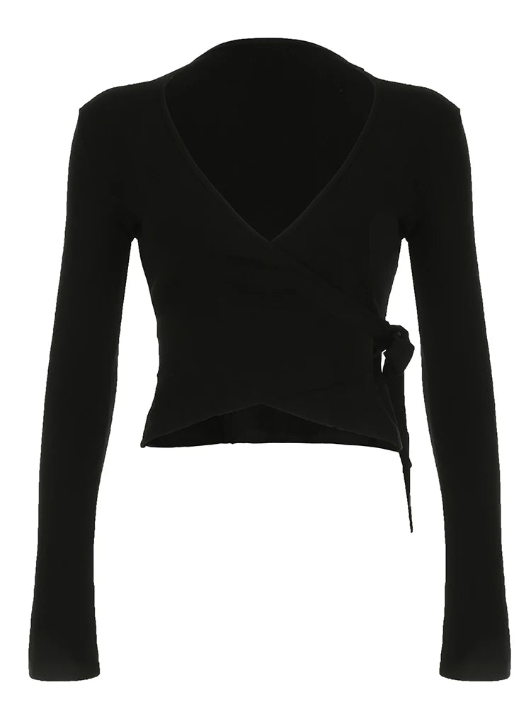 Slim Lace-up Tee Shirts Long Sleeves V-neck Sporty Four Color Knit Top