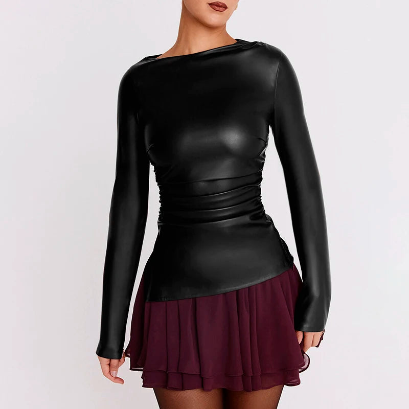 Round Neck Slim Leather Top Pleat Long Sleeve Leather Top