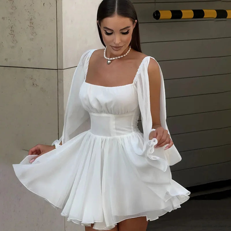 Square Collar Hollow Out Dress White Long Sleeve Mini Dress Slim Dress