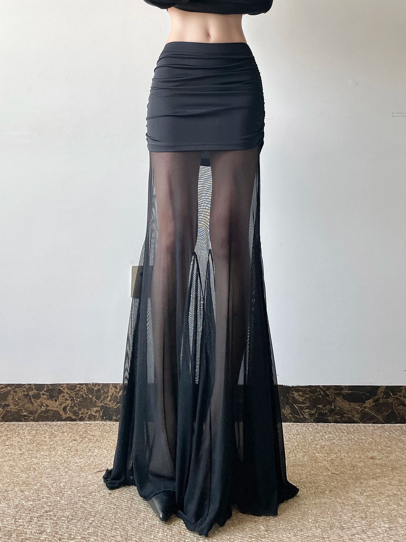 Mesh Skirts Low Waisted Long Black Knitted 's Bottom