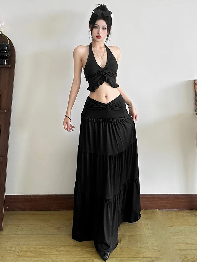 Two Piece Set Halter Backless Crop Camisole Waist Ruffles Long Skirt Ruched Street Suits