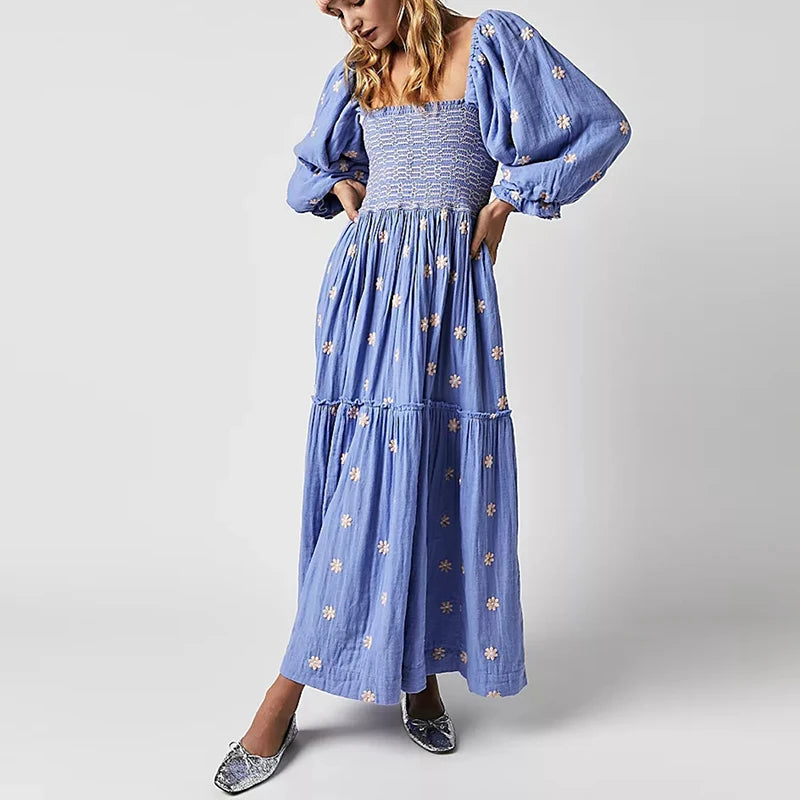 Ruffle Swing A Line Maxi Dress Bohemian Floral Dress Square Neck Long Sleeve Dress