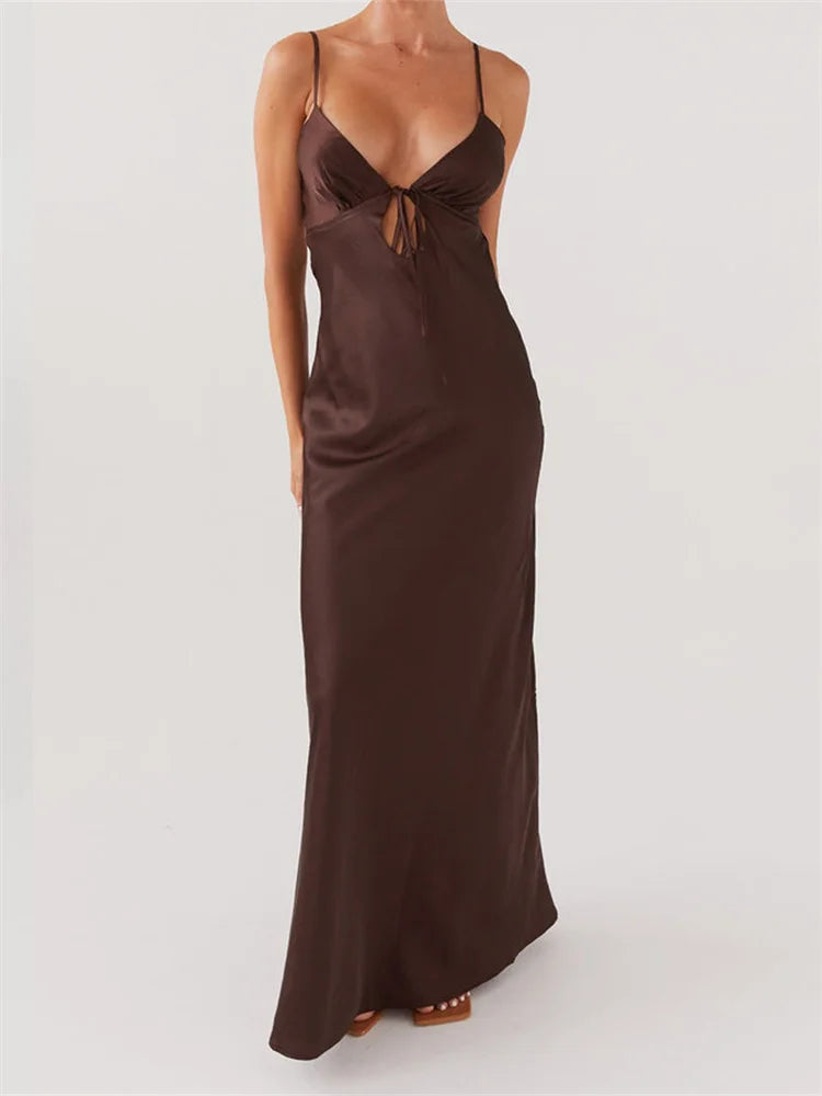 Dress Color Sleeveless Strap V-neck Front Tie-Up Backless Long Dress Slim