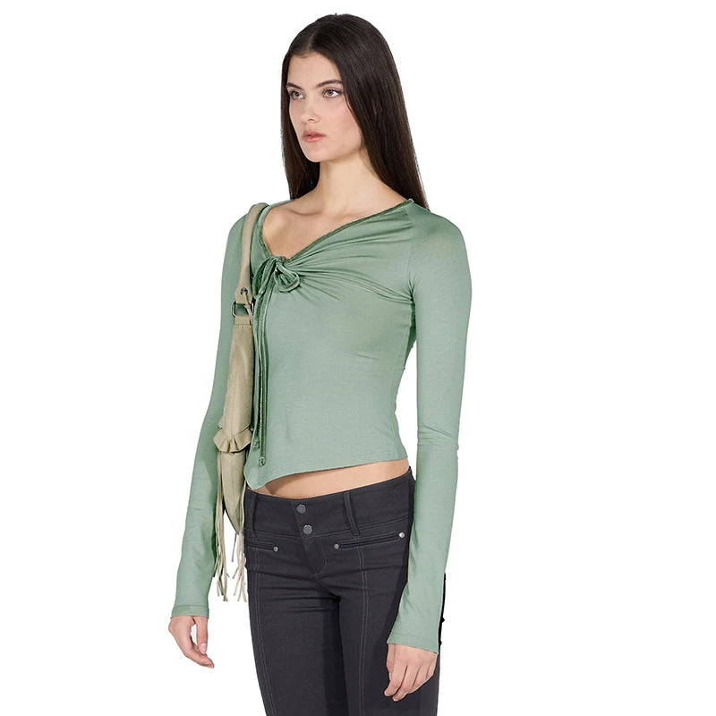 T Shirt Shrunk Lace Up Deign Long Sleeve Top