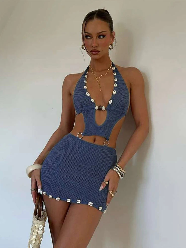 Crochet Conch Hem Dress Hollow Backless Pearl Halter Bodycon