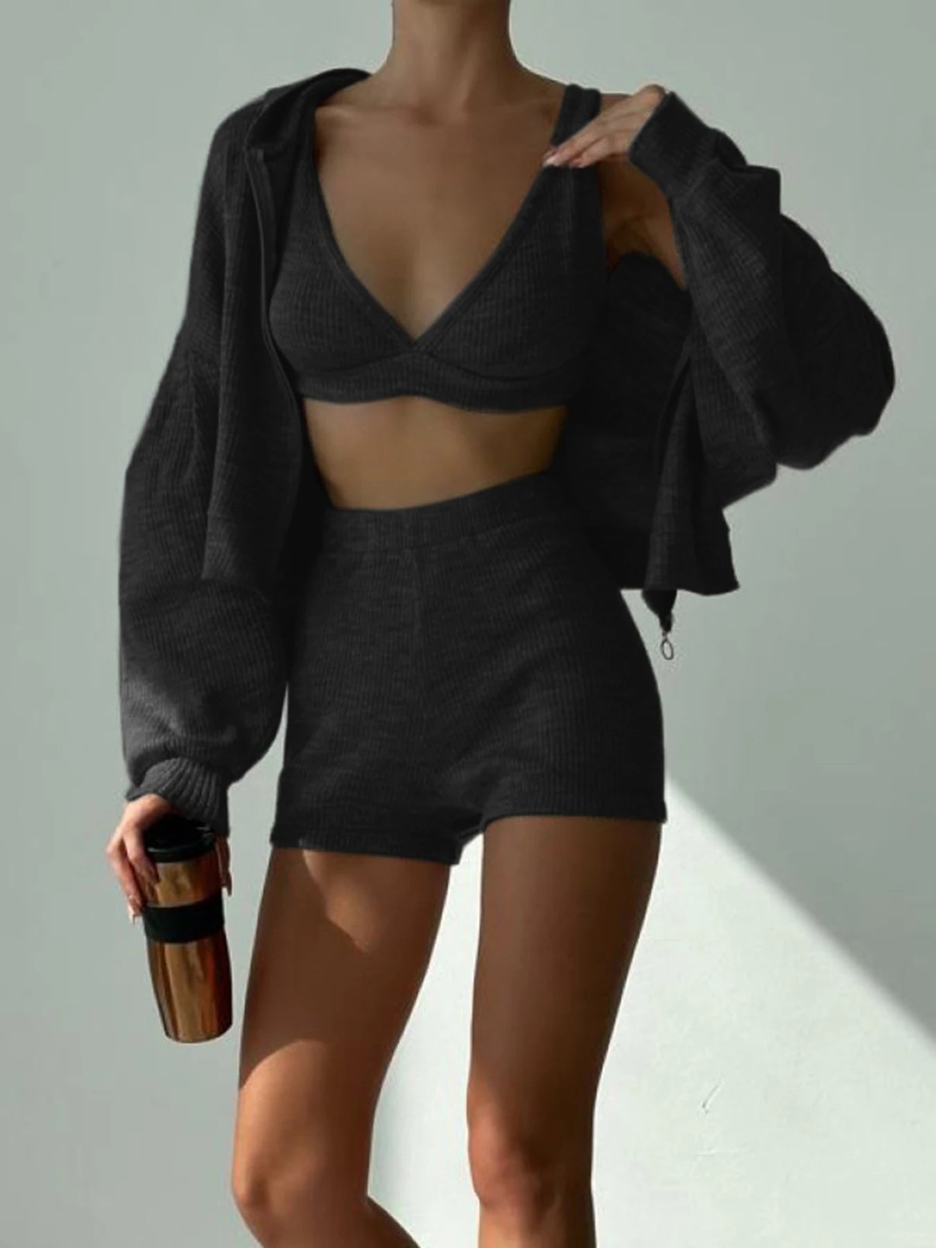 s Sporty Three-piece Set Zip up Hoodies American Retro Knitted