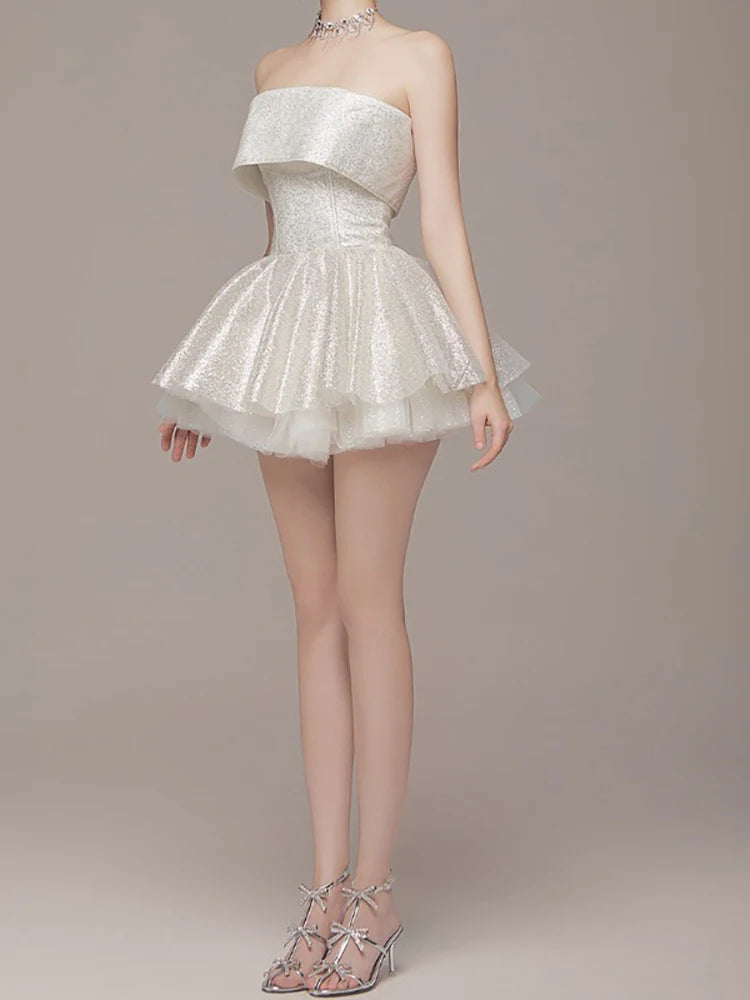 Strapless Shiny Dress White Backless A-line Dress Slim