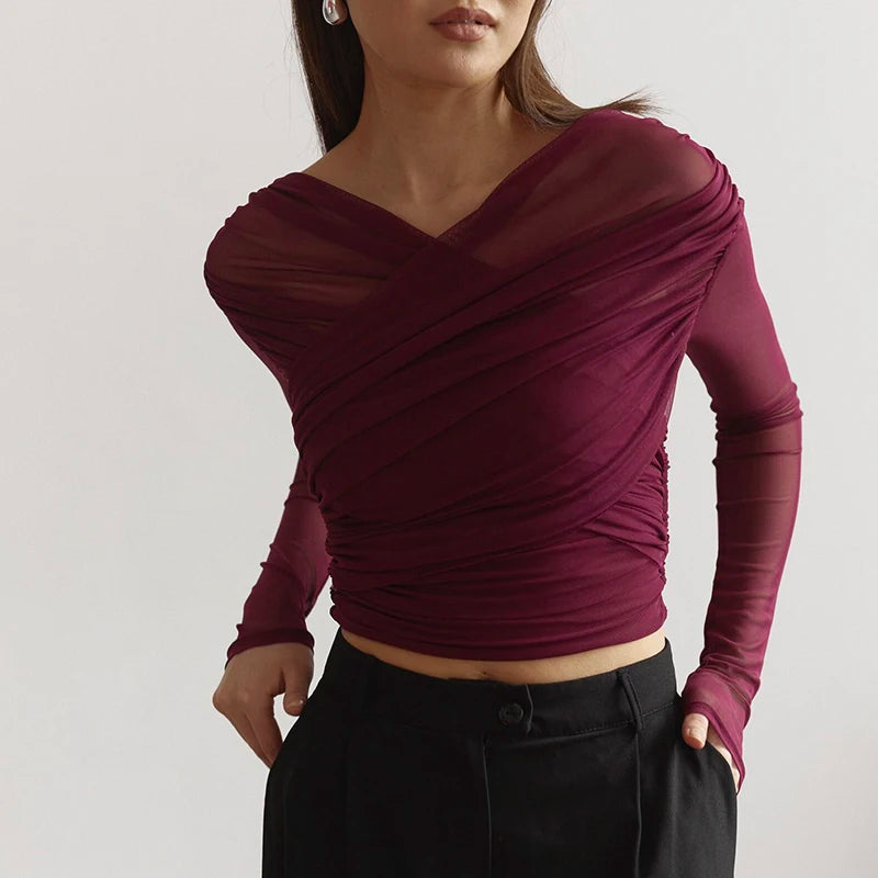 Cross Neck Crop Top Solid Color Mesh See Through Pleat Long Sleeve T-Shirt