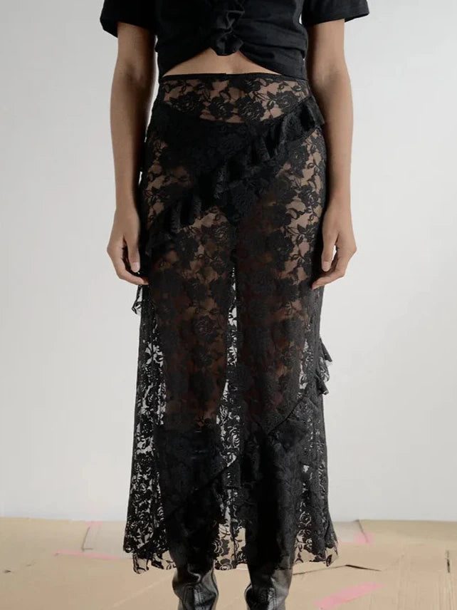 Floral See Through Lace Maxi Skirt