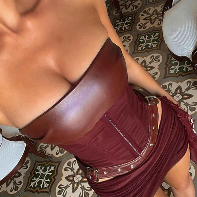 Red Leather Stitching Corset Top Lace-up Backless Mesh Transparent Tube Top Strapless Cropped Tees