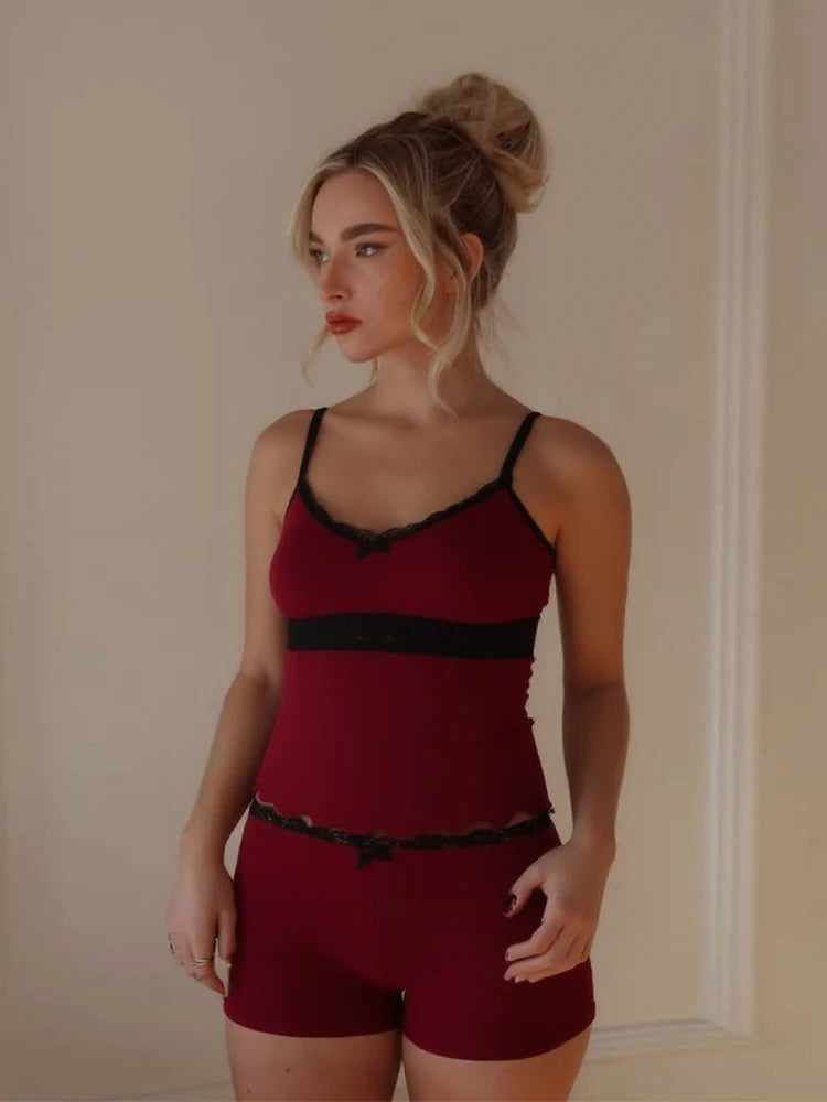 Matching 2 Piece Set Trim Low Neck Irregular Crop Camiole Elatic Wait Slim Short Sweet