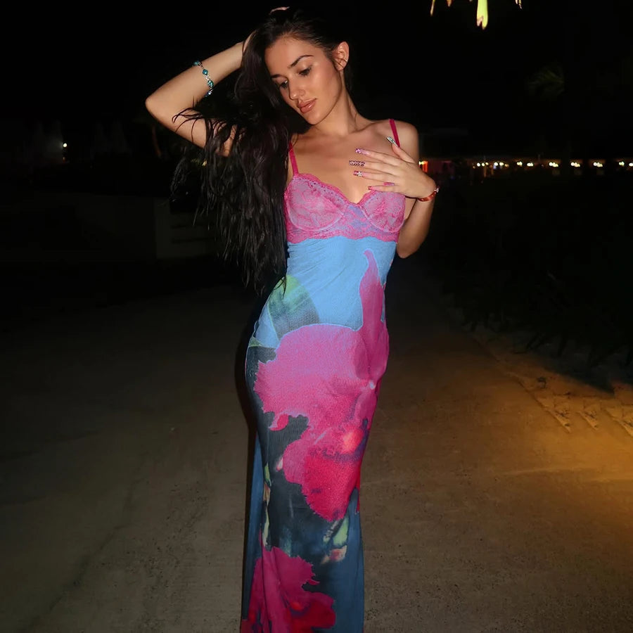 Lace Chest Wrap Maxi Dress Colorful Flowers Sleeveless Skinny Fit Slim
