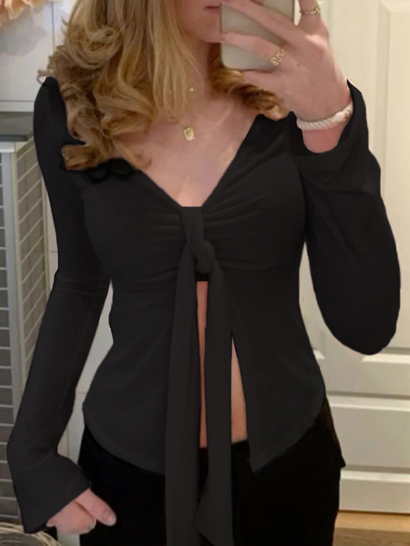 Front Lace-up Black Shirt Long Sleeve