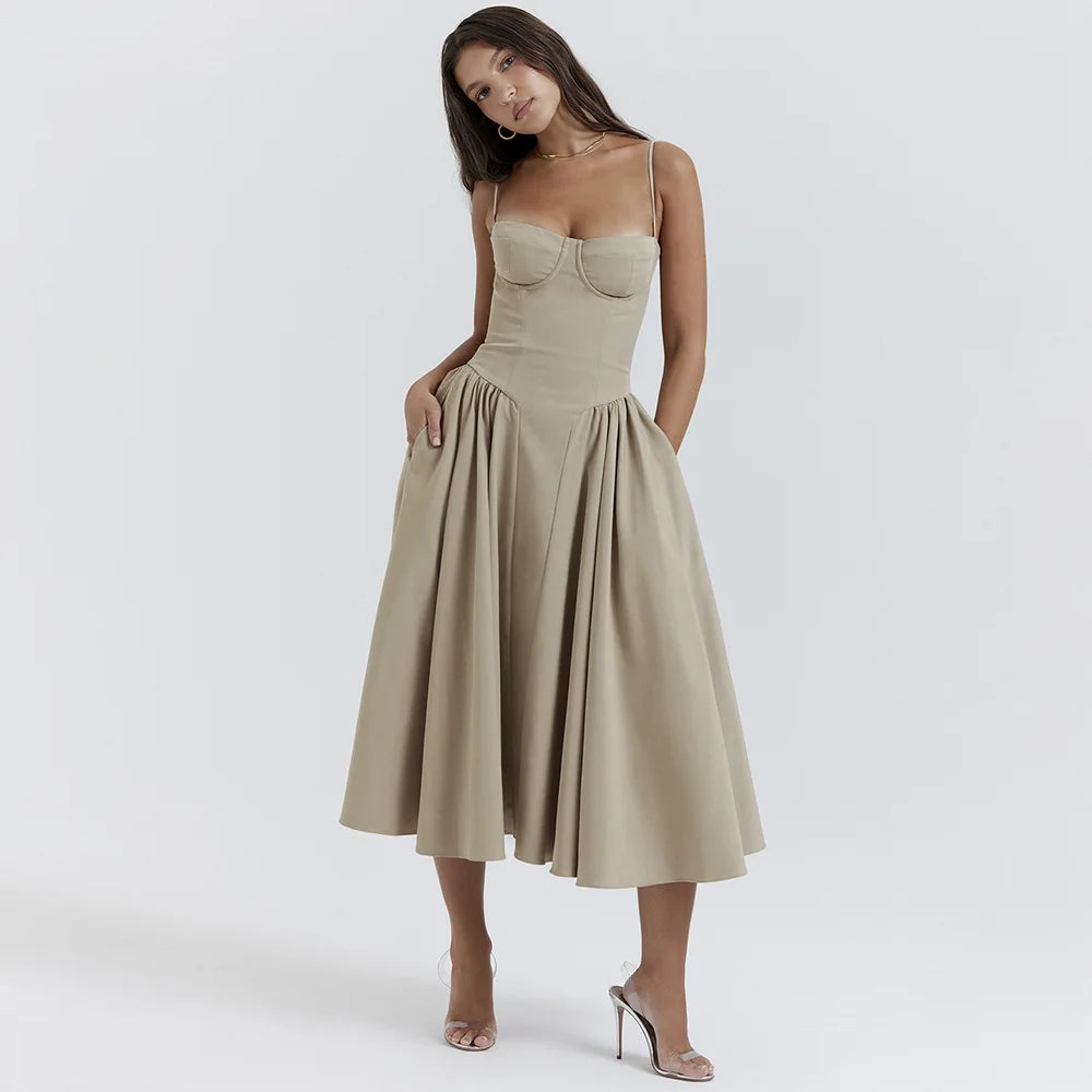 Dress for Pink Spaghetti Strap Midi Dress with Pocket Long Dress