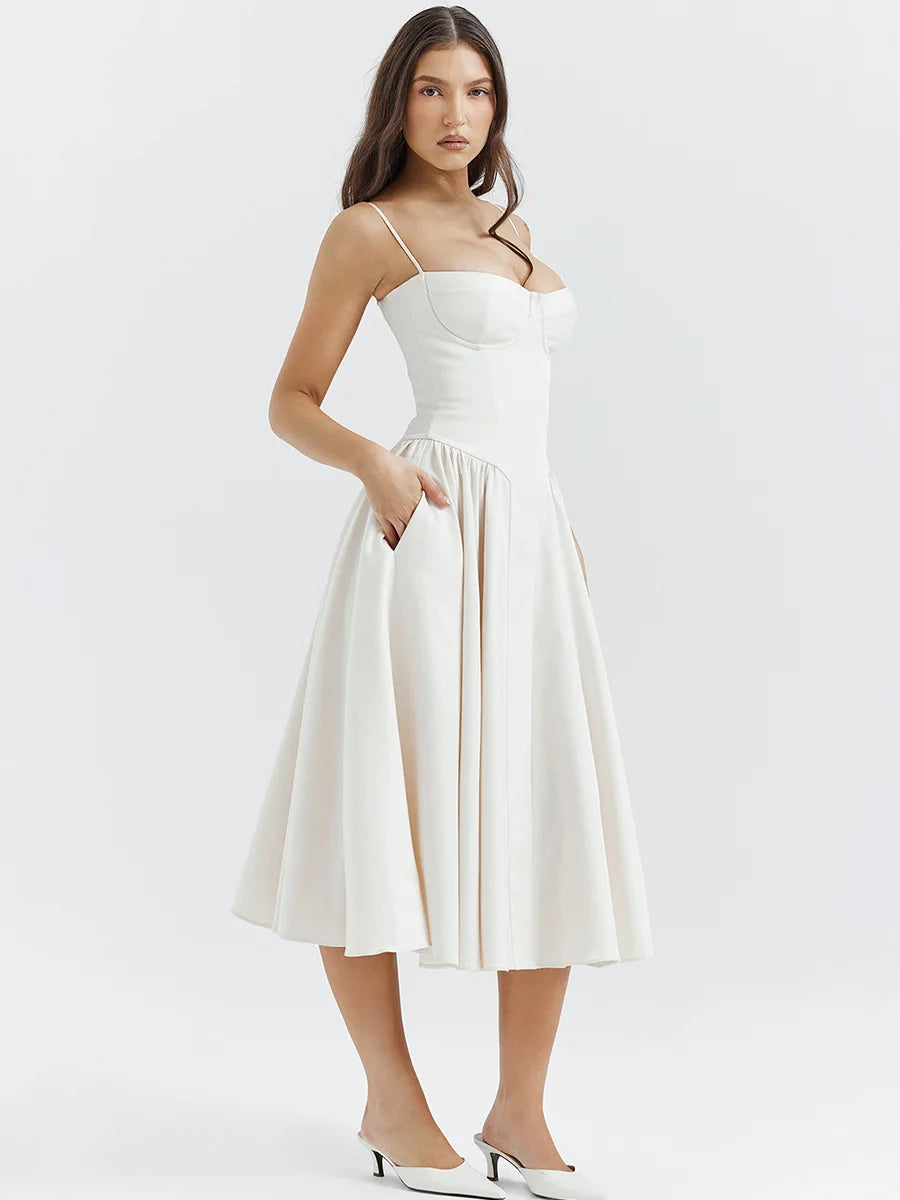 Dress for Pink Spaghetti Strap Midi Dress with Pocket Long Dress