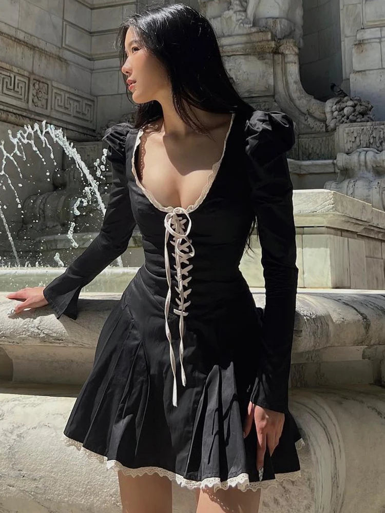 Straps Lace-Up Princess Puff Sleeves Pleated O-Neck Mini Dress 2023 Evening Wholesale