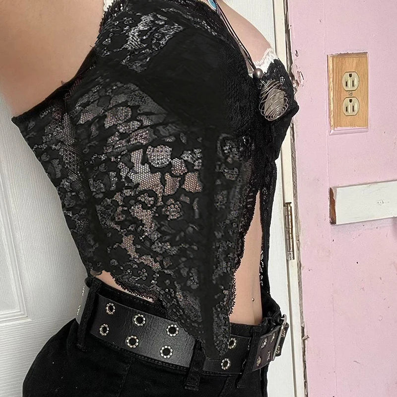 Transparent Lace Bustiers Backless Gothic Camis Spaghetti Strap Grunge Top