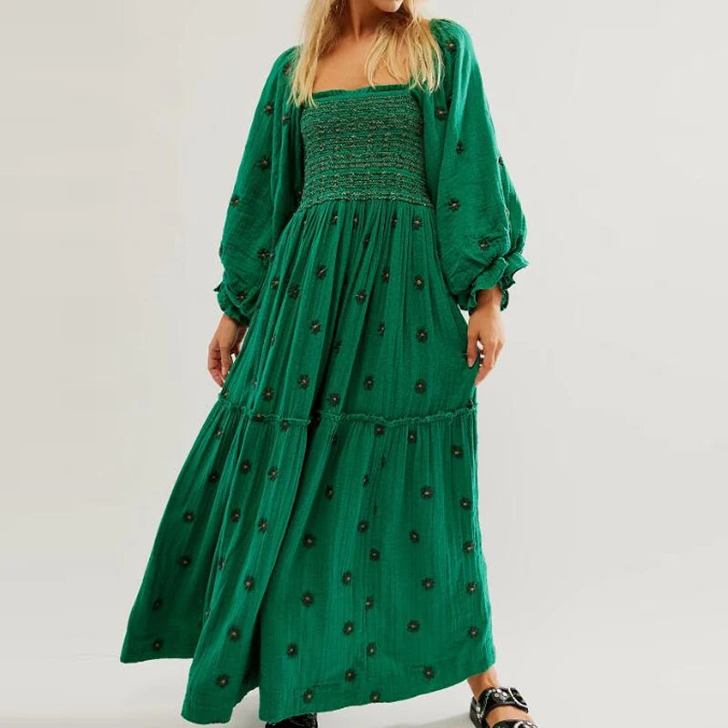 Ruffle Swing A Line Maxi Dress Bohemian Floral Dress Square Neck Long Sleeve Dress