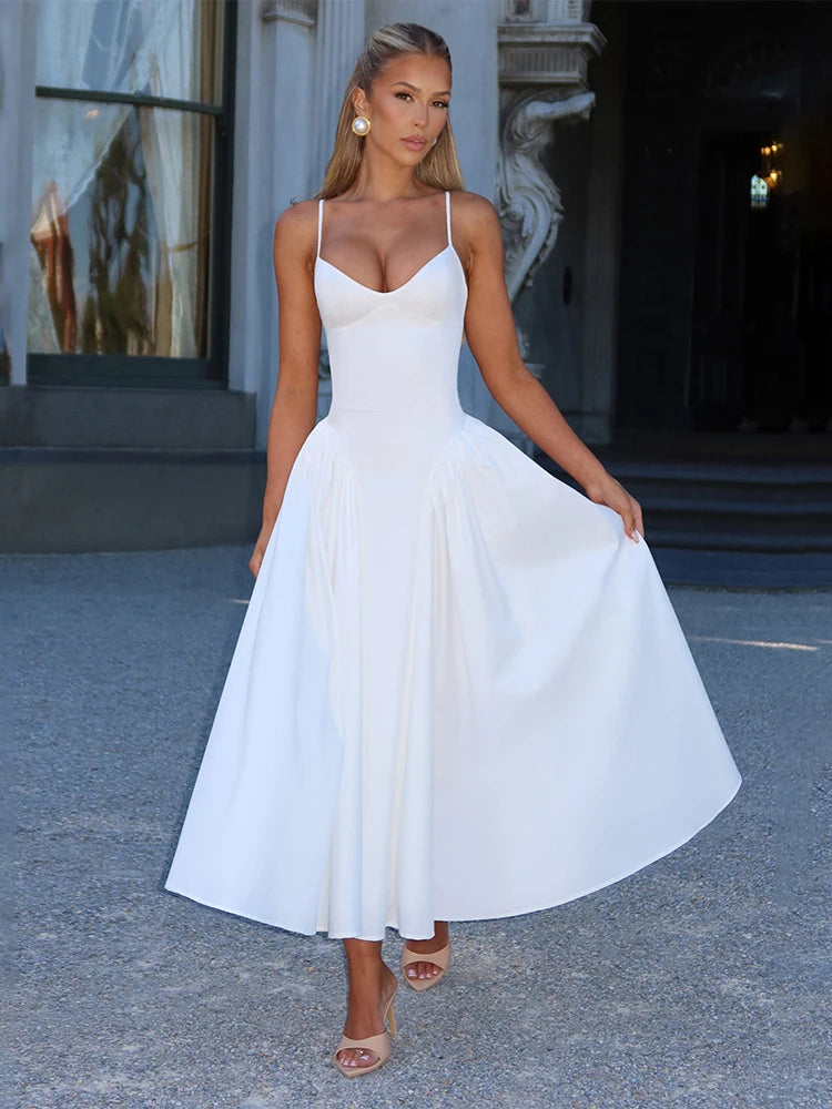 Claic Dress A-line Drap Supendency Low Neck Cleavage Maxi Bodycon