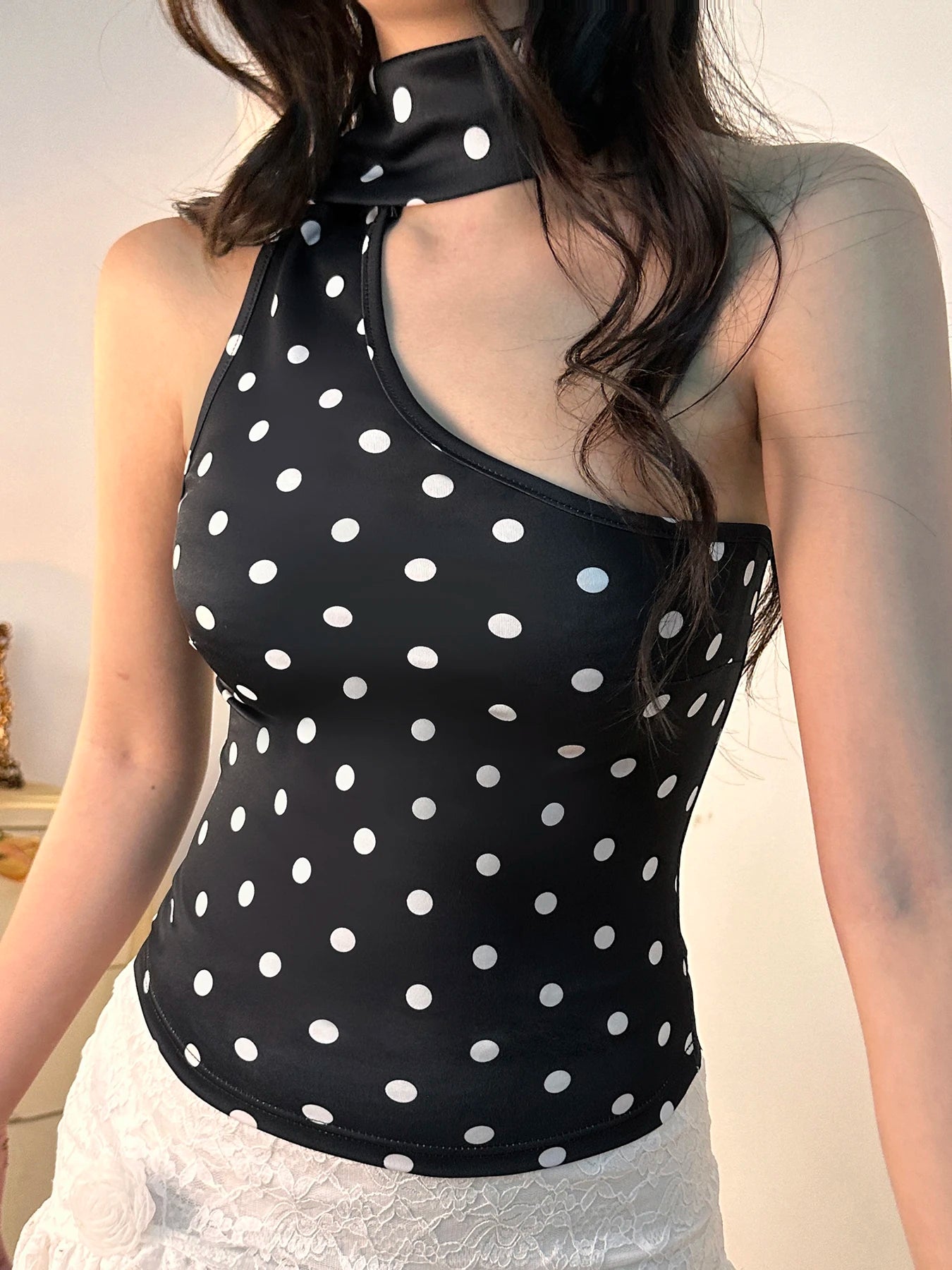 One shourlder Polka Dot Top Slim Backless Top