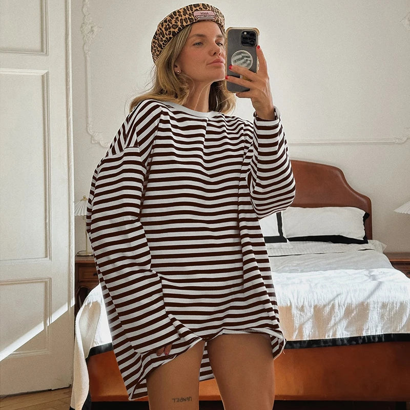 Overiz Strip Seweathirt Crewneck Looe Long Sleeve Top