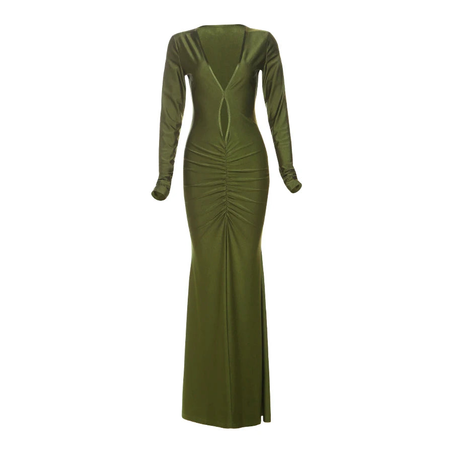 Green Hollow Full Sleeve Ruched Maxi Dress