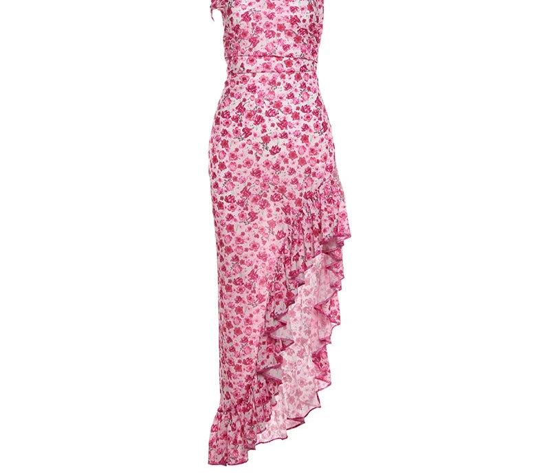 Thin Diagonal Collar Dress Flowers Print Irregular Bandage Shoulder Straps Ruffles Hem