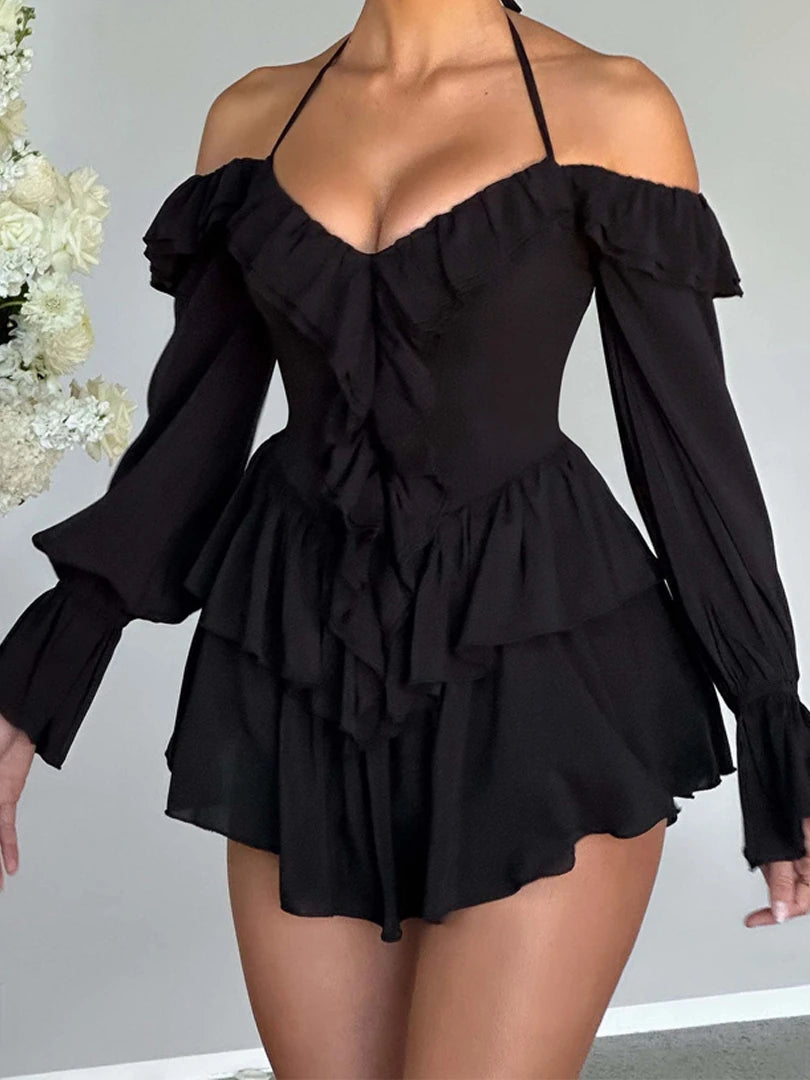 Halter Ruffle Flare Sleeves Mini Dress