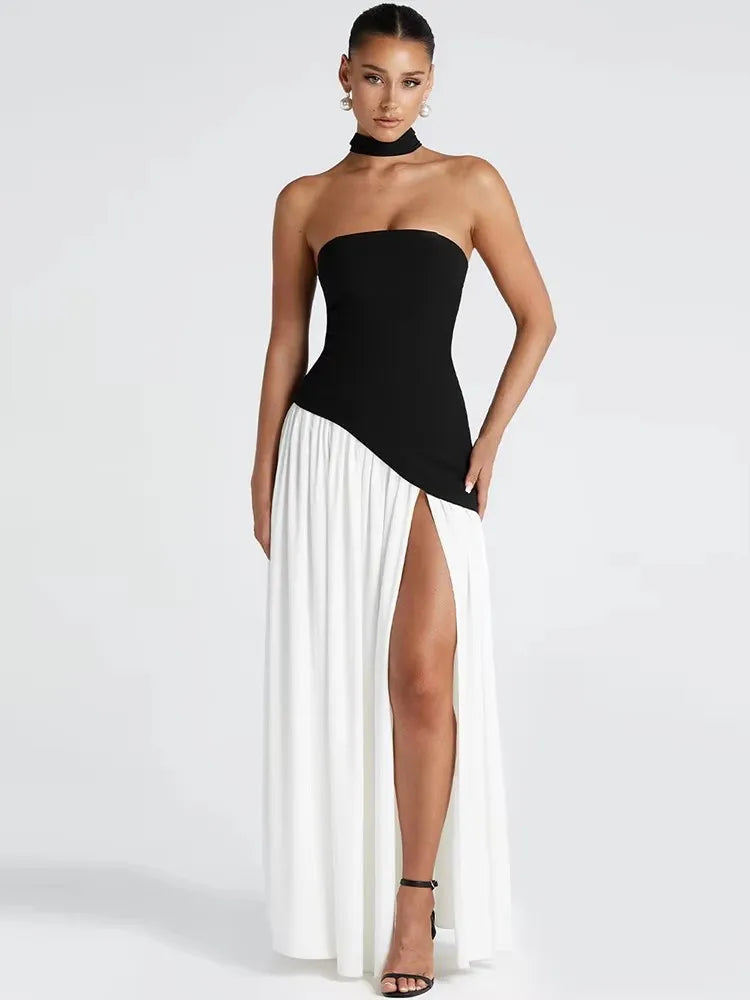 Backless Patchwork Dress Draped Side Slit Ribbon Strapless Sleeveless