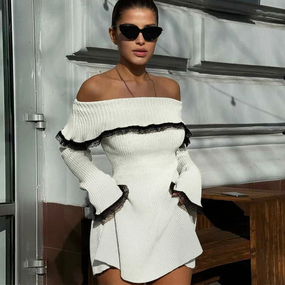 Off Shoulder Long Sleeve Knitted Mini Dress