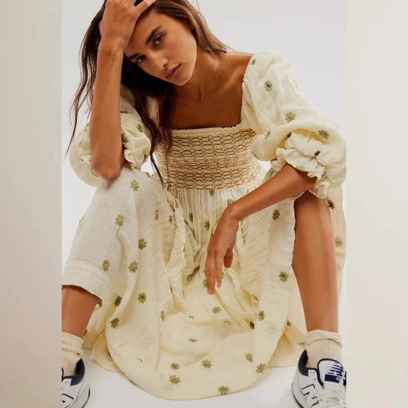 Ruffle Swing A Line Maxi Dress Bohemian Floral Dress Square Neck Long Sleeve Dress