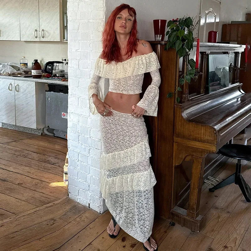 Transparent Lace Two Piece Sets Skirt Suit White Flare Sleeve T-shirt Long Skirt Skirt Set