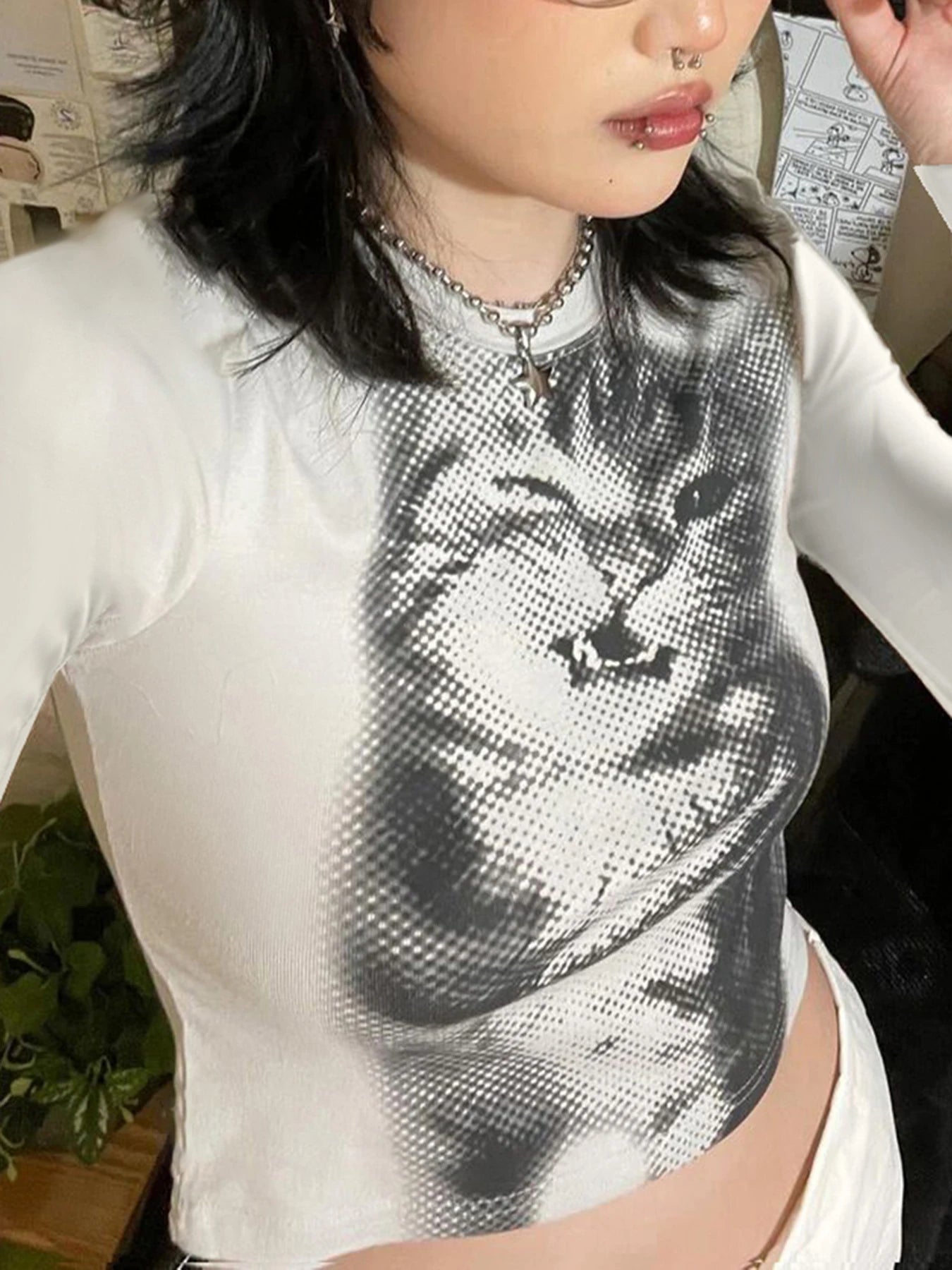 Cartoon Cat Crop Tee Long Sleeve Fairycore Tee