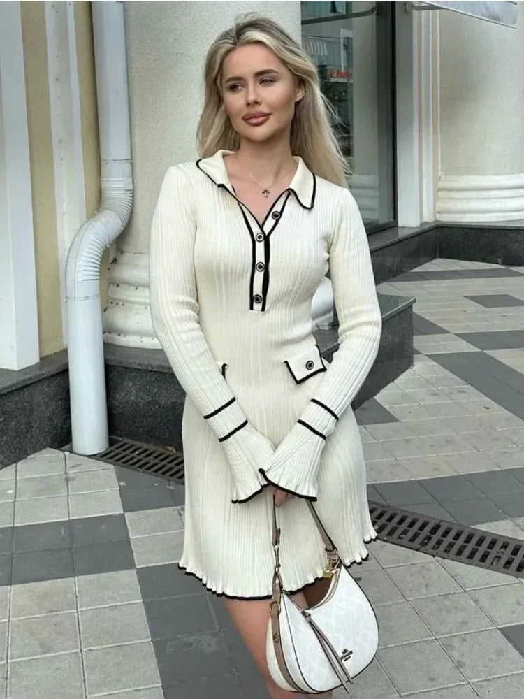 Ruffled Knit Dress Ribbed Contrast Long Sleeve High Waist Lapel Gown Dress Knit Ladies Maxi Dress