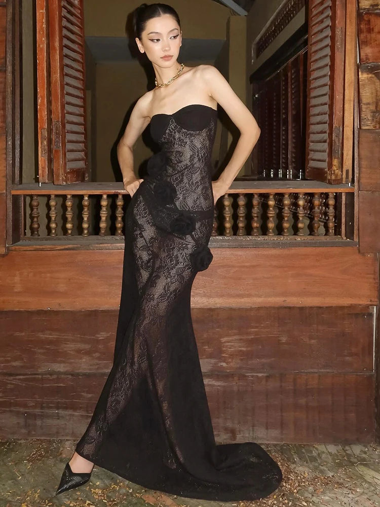 Strapless Transparent Lace Flowers Maxi Dress Backless Evening Dress