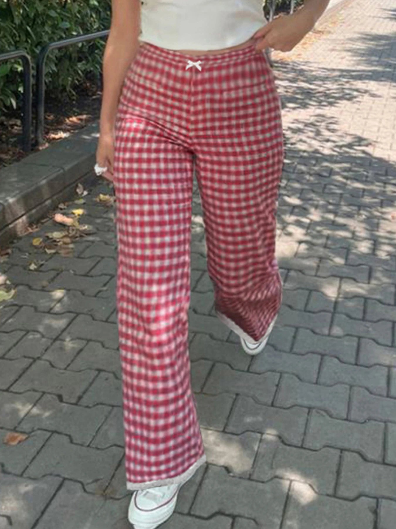 Plaid Straight Pant Lace Patchwork Bow Baggy Trouer Jogger Bottom