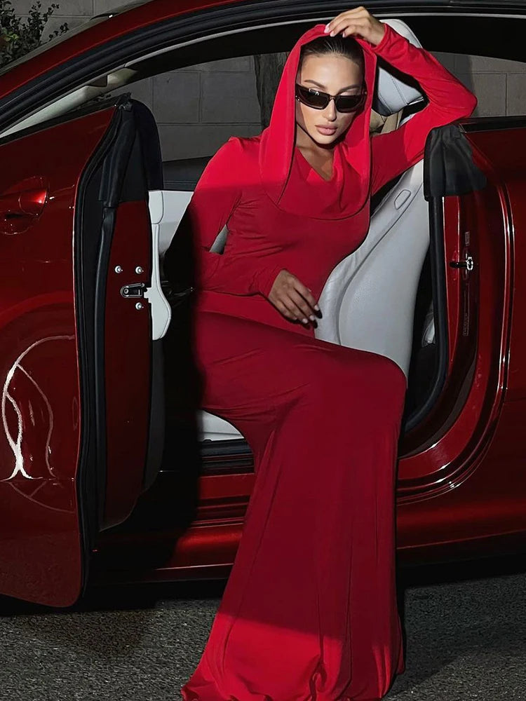 Hooded Long Sleeves Bodycon Maxi Dress