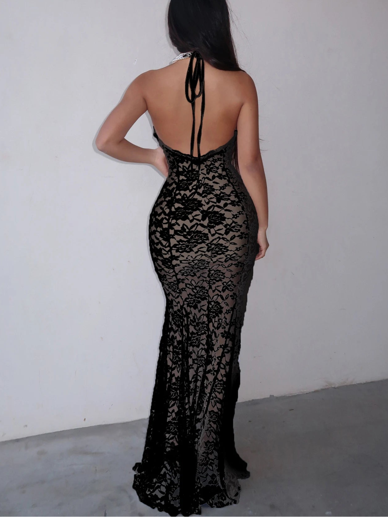 Hollow Out Lace Trumpet Dress Backless Deep V-Neck Sleeveless Maxi