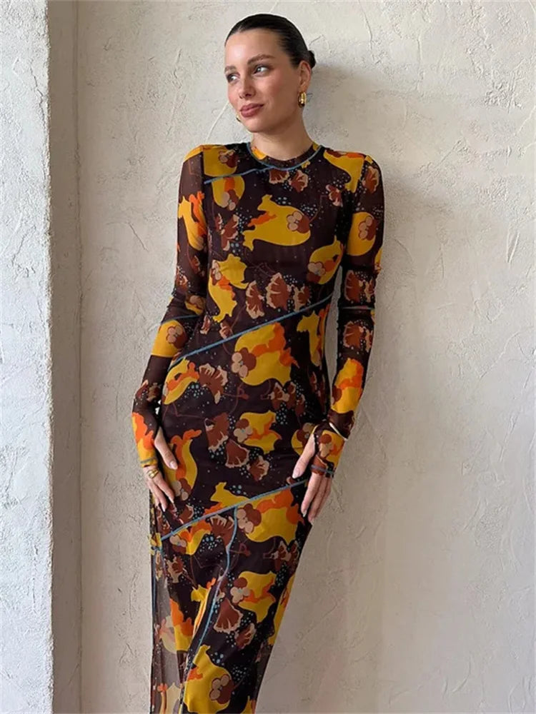 Mesh ed Transparent Pullover High Waist Dress O-Neck Long Sleeve Nightclub Dress
