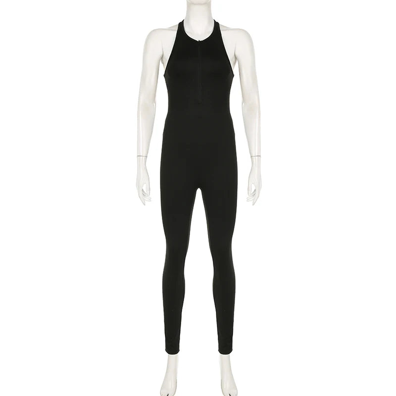 Backless Zipper Jumpsuits Sports Bodycon Rompers Slim Sleeveless