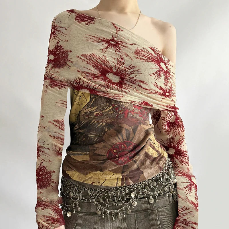 Printed Mesh Patchwork Top Slash Neck Slim Long Sleeves Shirts Y2k