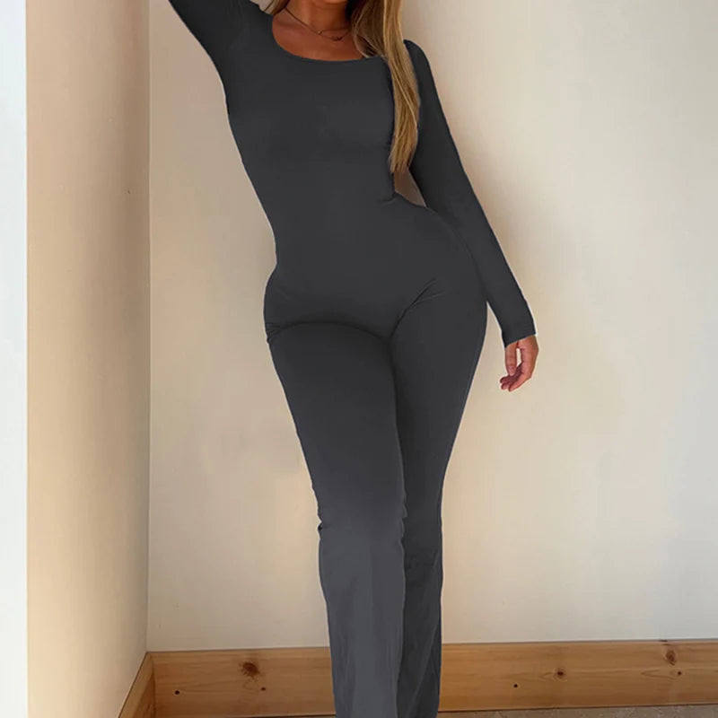 Backless Hollow Out Jumpsuits Long Sleeves Overalls Ruched Slim Rompers