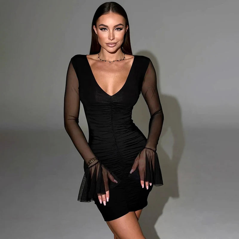 Spring And Solid Color V-Neck Mesh Patchwork Pleated Ruffles Hip Flared Sleeve Mini Short Dress