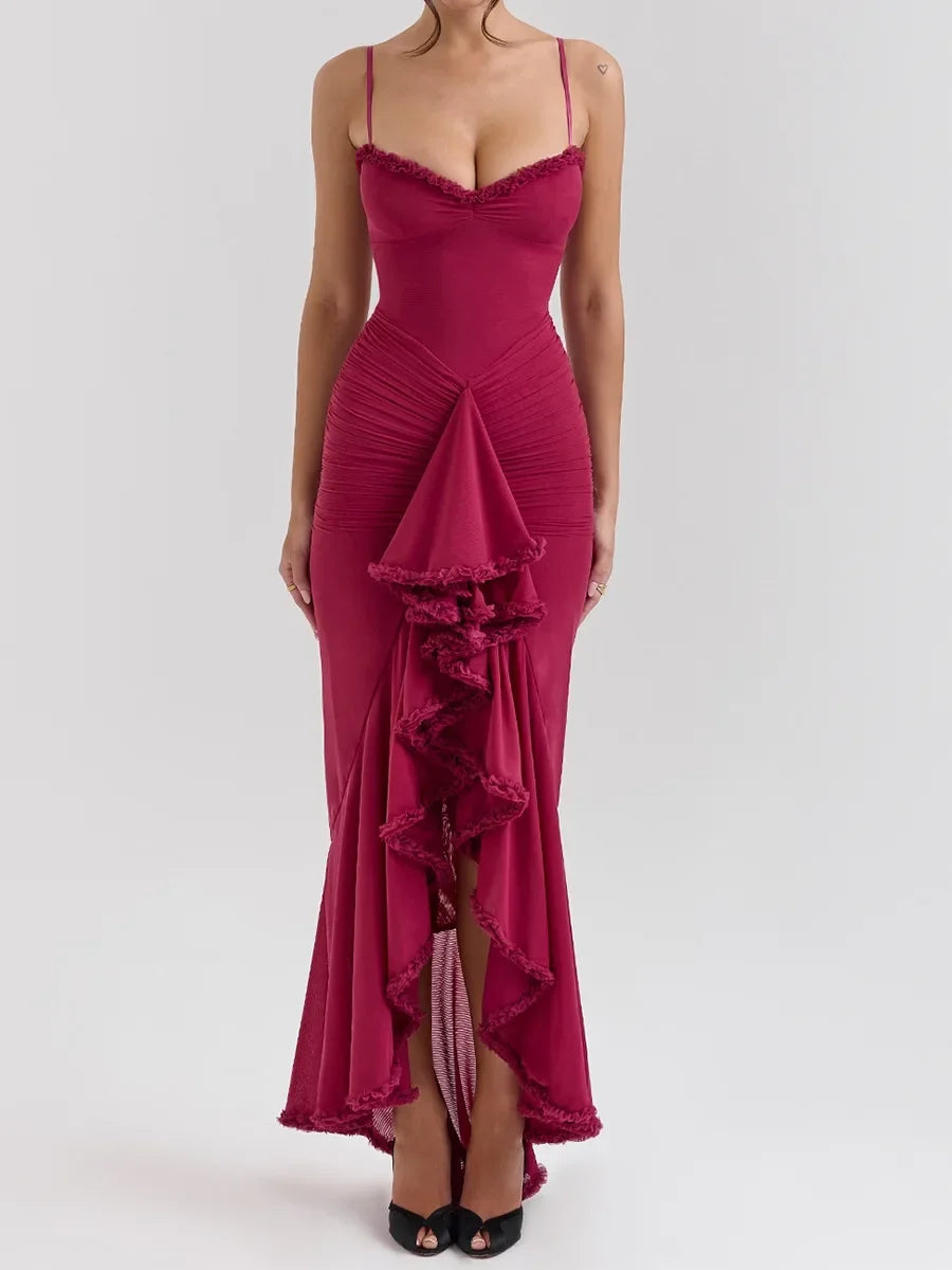 Irregular Mesh Dress Spaghetti Strap Bodycon Dress Ruched Long Dress