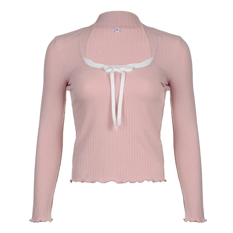 Patchwork Pink Tee Shirts Lace-up Bow Kawaii 's Crewneck Long Sleeves Slim Top